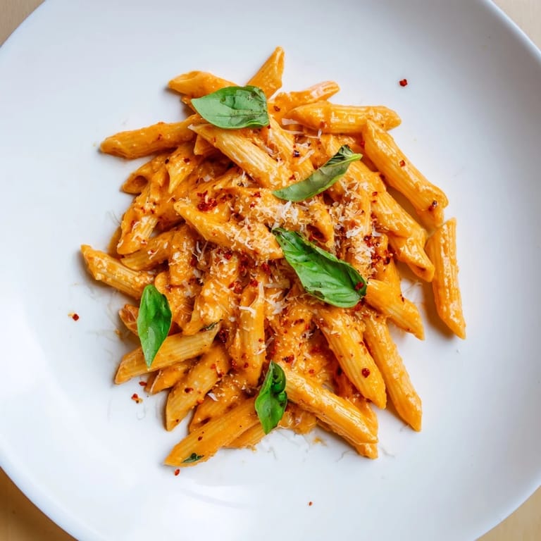 Indulge in this image of 15-Minute Creamy Red Pepper Pasta topped with fresh basil and Parmesan cheese.