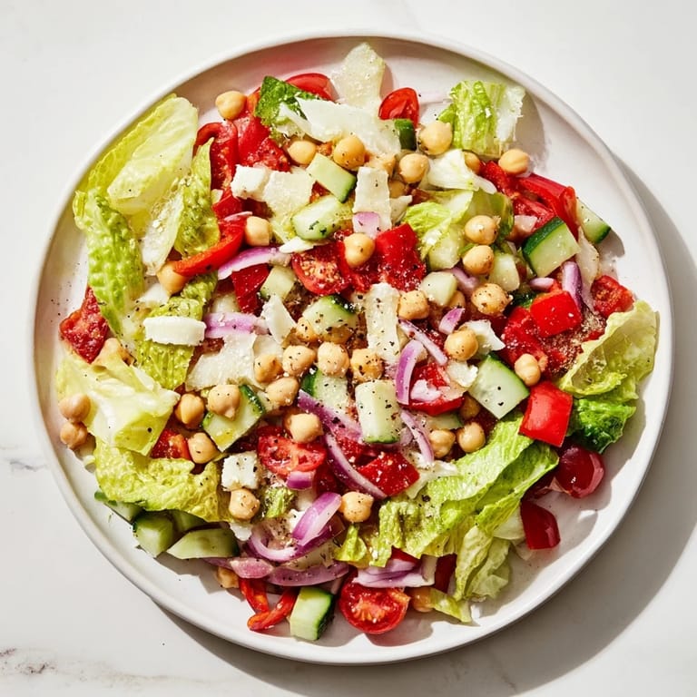Bright and refreshing La Scala Chopped Chickpea Salad, packed with crisp vegetables and tangy Italian dressing atop.