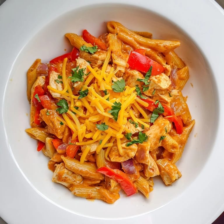 This warm Baked Salsa Chicken Pasta offers a comforting aroma of spices and melted cheddar and mozzarella.