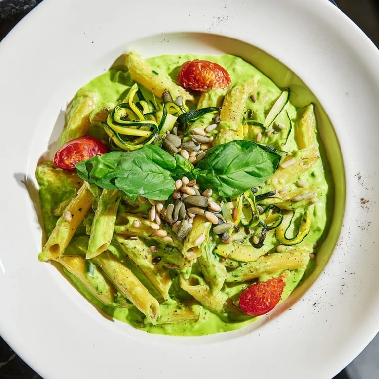 A visually appealing and delicious bowl of Vegan Green Goddess Pasta with a bright green spinach sauce.