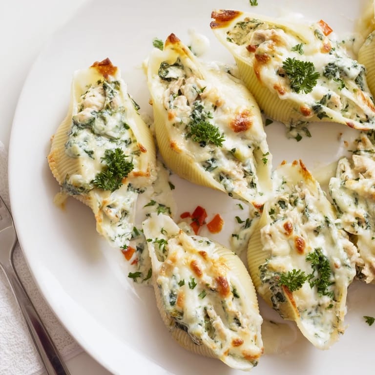 Close-up of baked High-Protein Cottage Cheese Alfredo Christmas Shells, flavorful with parsley and roasted red peppers.