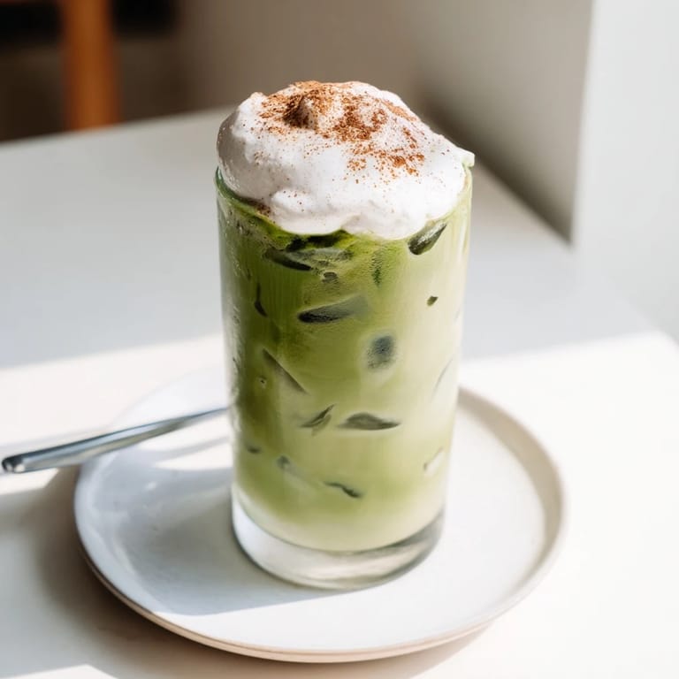 A creamy, protein-packed Cinnamon Roll Iced Matcha swirled with green tea and decadent sweet foam.