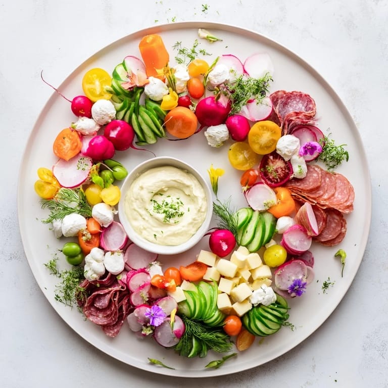A delicious spring wreath appetizer platter boasts colorful carrots, tomatoes, and creamy dips for dipping.