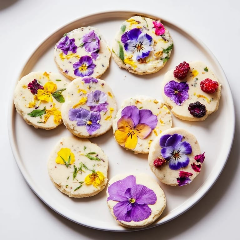 Vibrant Spring Flower Dessert Tray features shortbread, mini cakes, and parfaits layered with fresh berries and flowers.