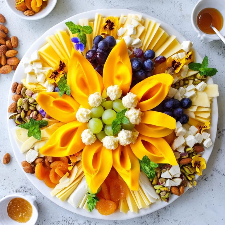 A delicious Daffodil Cheese Board, featuring sharp cheddar "petals" and sweet berries, ready to serve and enjoy.