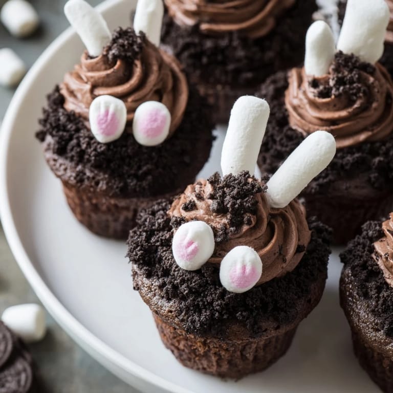A delicious Bunny Burrow Cupcake Tray arrangement of chocolate cupcakes decorated for a fun Easter celebration.