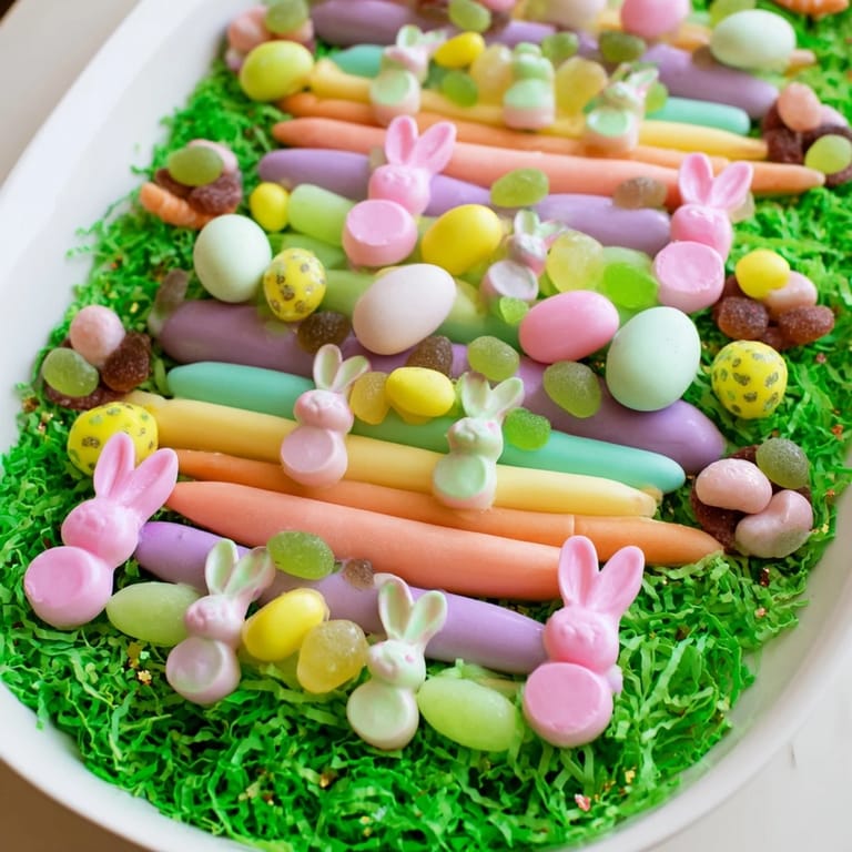 A close-up view of the festive Egg-Shaped Candy Platter with a bounty of sweet treats.