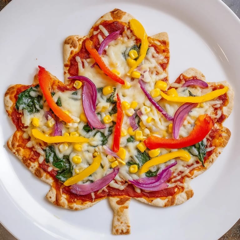 Beautifully arranged autumn vegetables atop the sweet Fall Foliage Maple Leaf Mini Pizzas create deliciousness.