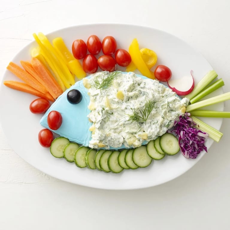 Enjoy the Ocean Blue Fish-Shaped Dip Tray: a fun, visually appealing appetizer with vibrant colors.