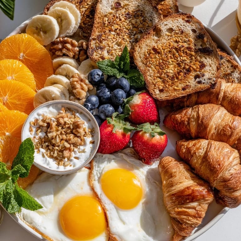 Vibrant Soleil Matinal Breakfast Platter with glistening berries, toast, and creamy yogurt; ready to enjoy.