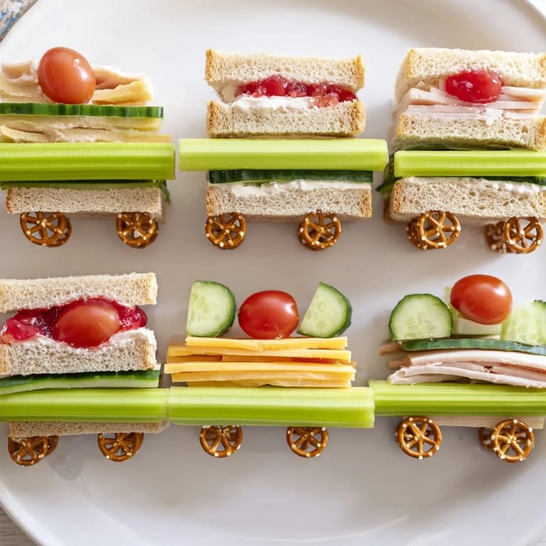 Colorful, fun Train Track Sandwich Board with creative veggie tracks, perfect for a kids' party.