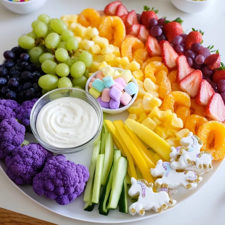 Delectable rainbow of fresh ingredients makes this Magical Unicorn Snack Board a fun, healthy party appetizer.
