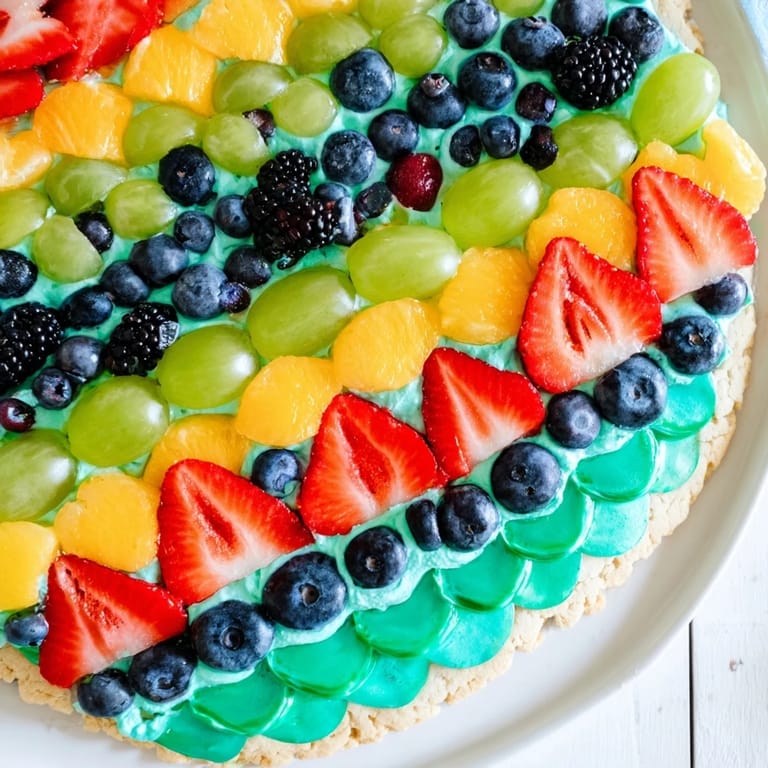 This Under the Sea: Mermaid Tail Fruit Pizza shows a playful dessert with fresh, juicy fruit arranged decoratively.