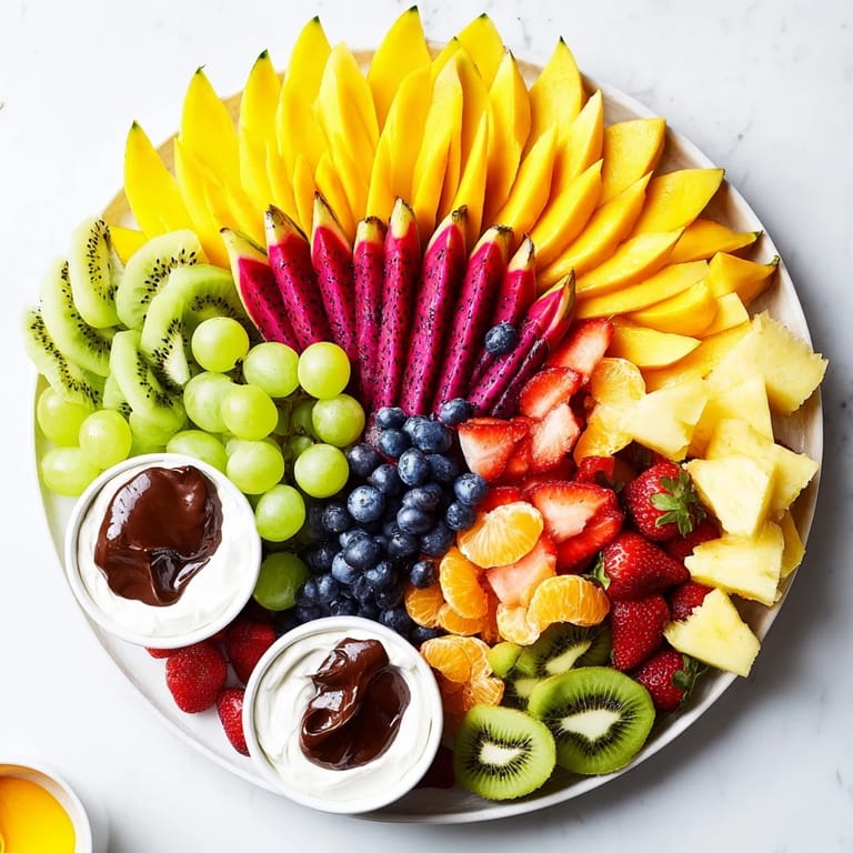 Vibrant Dragon Scales Fruit Board showcasing artfully arranged colorful fruits and sweet, dark chocolate.