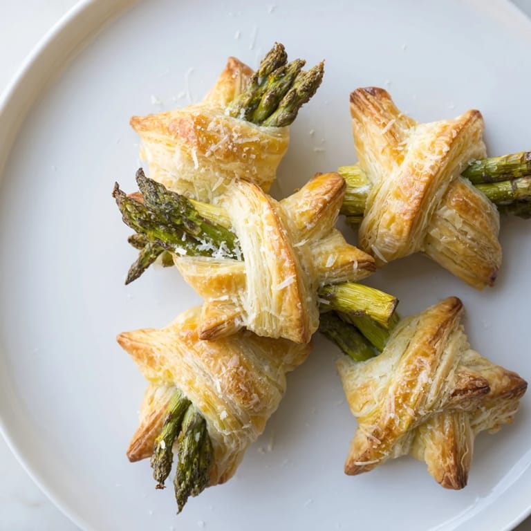 Crispy cooked Star Shaped Asparagus Bundle Wraps, perfect appetizer with visible asparagus tips, ready to serve, warm.