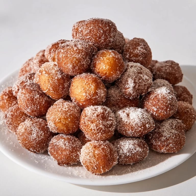 A close-up reveals fluffy, golden-brown Powdered Donut Holes, ready to be dipped into a chocolate sauce.