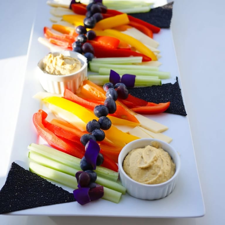 A Zig-Zag Lightning Strike, showcasing colorful vegetables, cheeses, and hummus, perfect for sharing.