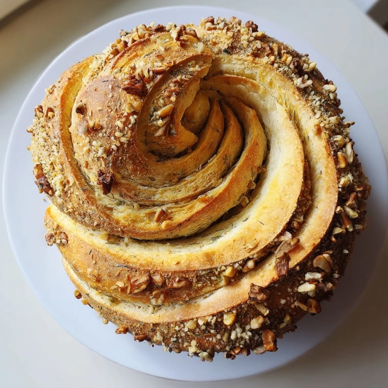 Freshly baked Fibonacci spiral bread with a golden-brown crust, ready to slice and enjoy with butter.