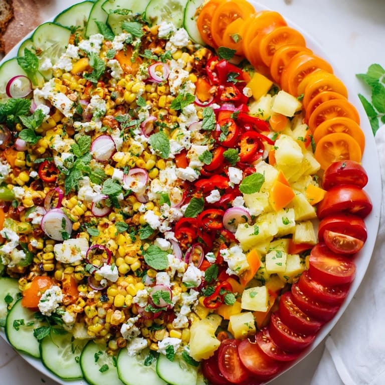 Enjoy the concentric rings of flavor: a colorful appetizer showcasing refreshing fruit, creamy cheese, and spiced chickpeas.