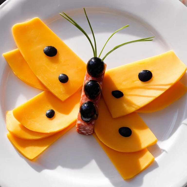 Imagine a beautiful butterfly migration of cheddar cheese wings, perfect with salami and olive details.