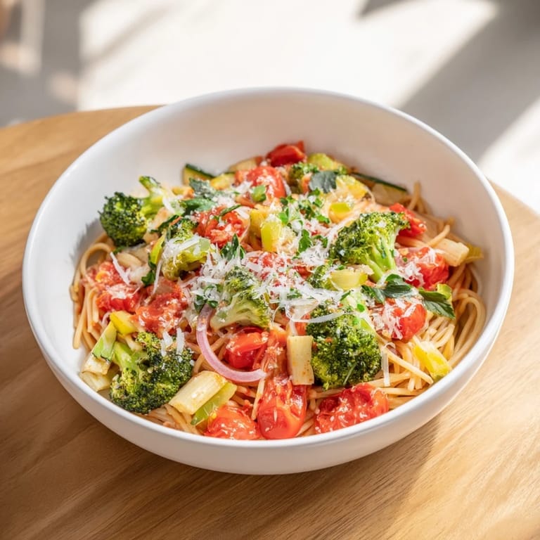 Vibrant close-up of Ditalini with Air-Fried Vegetables, with colorful vegetables alongside the pasta.