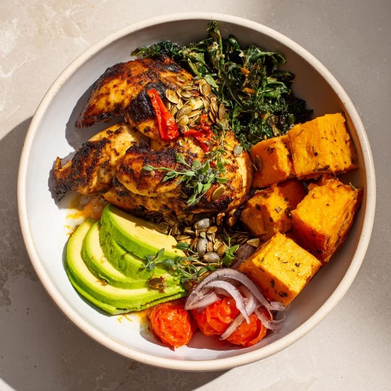 Vibrant Avocado and Sweet Potato Chicken Bowl with roasted sweet potatoes, drizzled in hot honey, looks delicious.