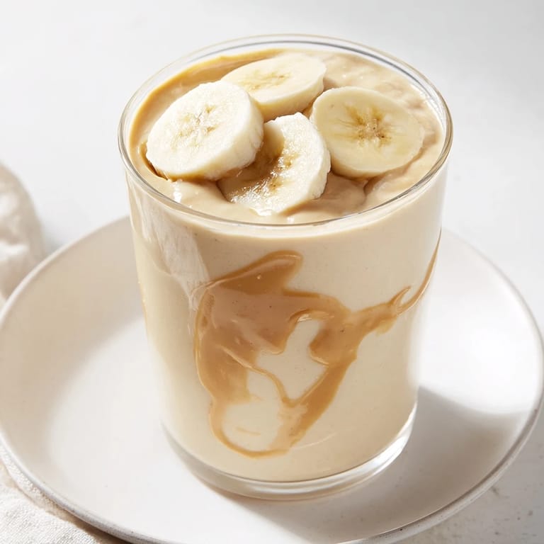 Swirling, blended Peanut Butter Banana Smoothie with a touch of vanilla, perfect for breakfast or snack.