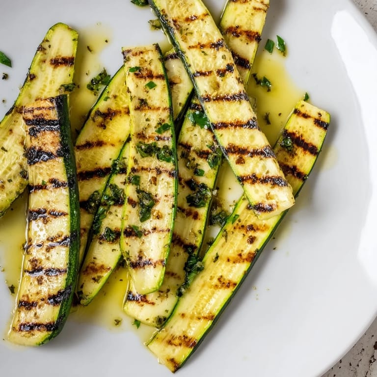Vibrant image shows glistening Garlic Herb Grilled Zucchini with char marks, offering a fresh, bright flavor.