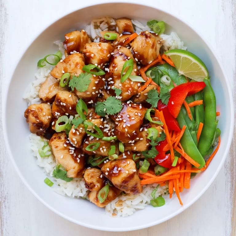 A visually appealing Sesame Ginger Rice Bowl features chicken, vegetables, and a delicious sauce drizzled over rice.