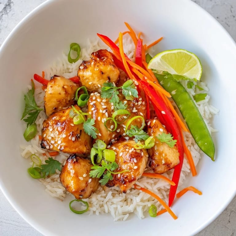 Tender, glazed chicken tops a flavorful Sesame Ginger Rice Bowl; imagine the aroma of ginger and garlic.