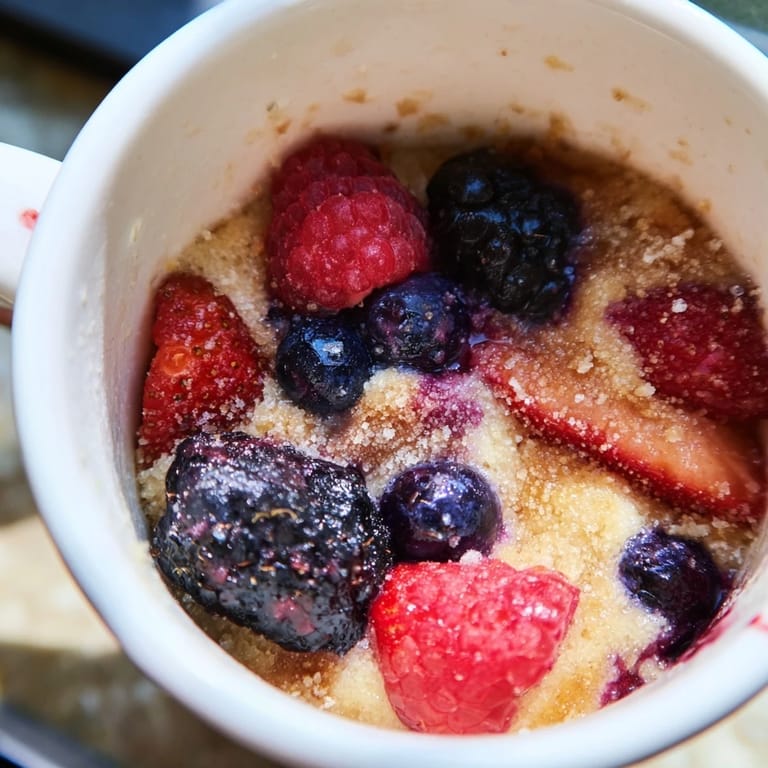 A close-up of a warm mixed berry cobbler mug cake, a quick sweet treat for any craving.