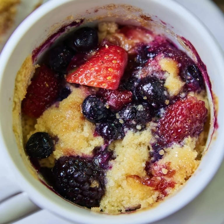Golden-brown crust covers juicy mixed berries in this delightful mug cake, a tasty dessert.