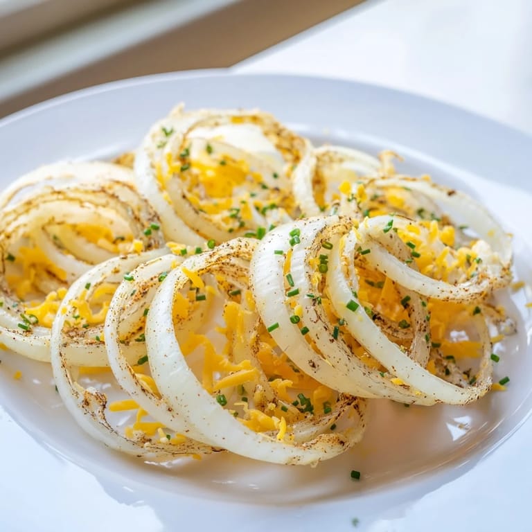 Air-fried Crispy Onion Cheese Chips, showing crispy golden onions and bubbling, delicious cheese.