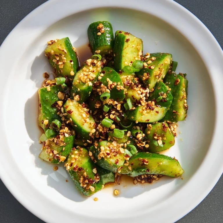 Earthy sesame seeds garnish the cool, refreshing Chinese Spicy Smashed Cucumber Salad on a platter.