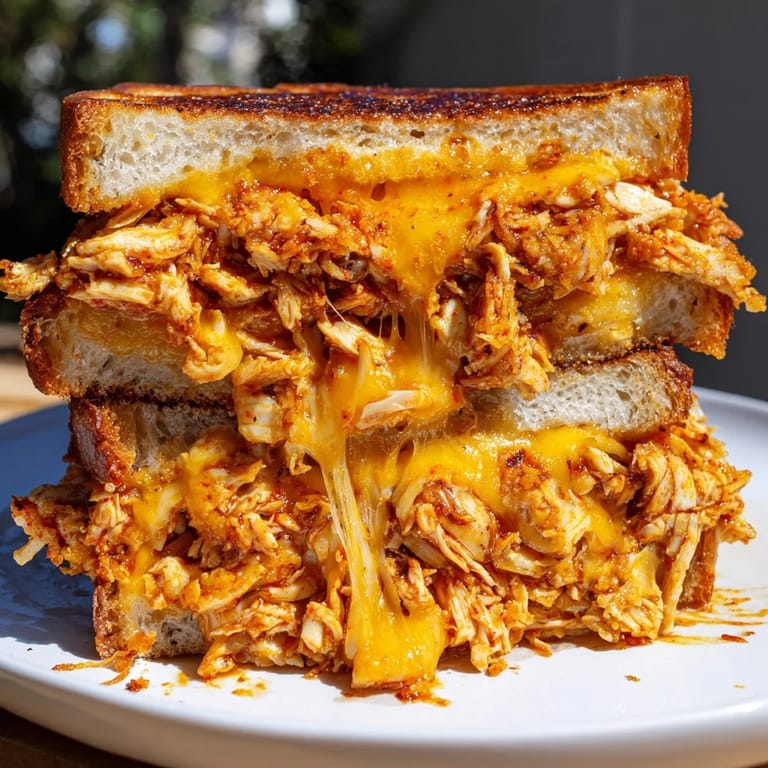 Golden-crusted bread surrounds a spicy filling in this decadent Spicy Crispy Chicken Sandwich Grilled Cheese, served hot.