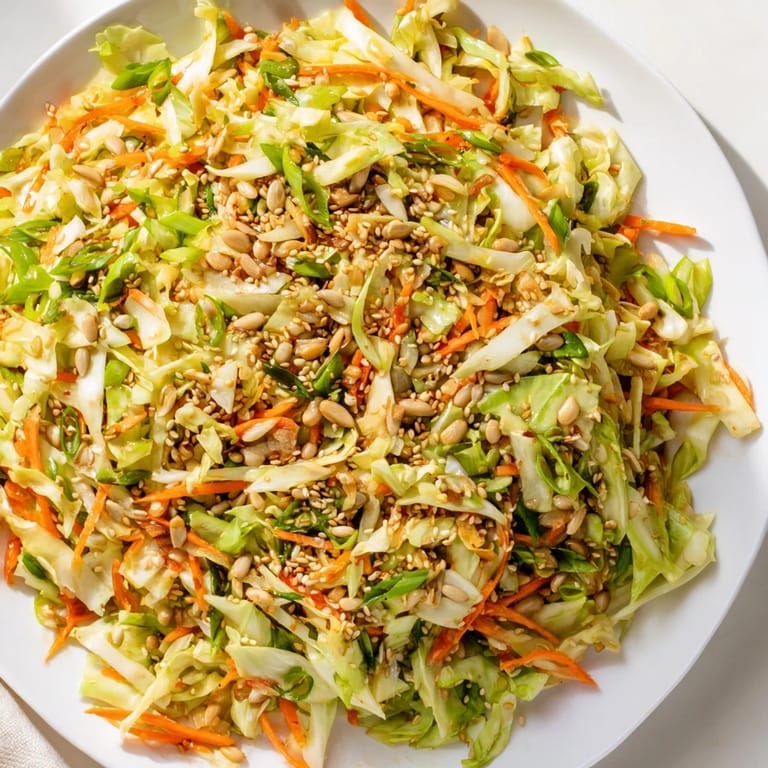 Close-up of a refreshing Cabbage-Core Slaw Salad tossed with carrots and green onions, perfect for lunch.