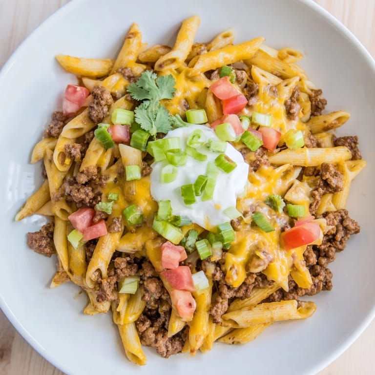 Steaming bowl of One-Pot Taco Pasta, served with fresh cilantro and a dollop of sour cream.
