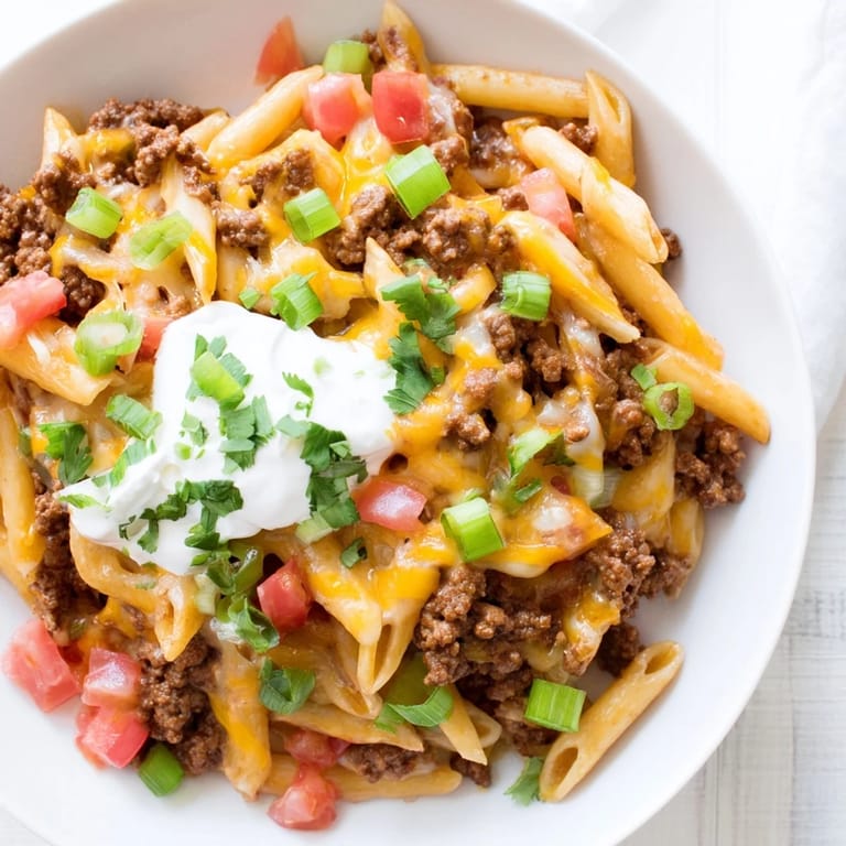 Easy family meal: savory One-Pot Taco Pasta with perfectly cooked pasta and vibrant toppings.
