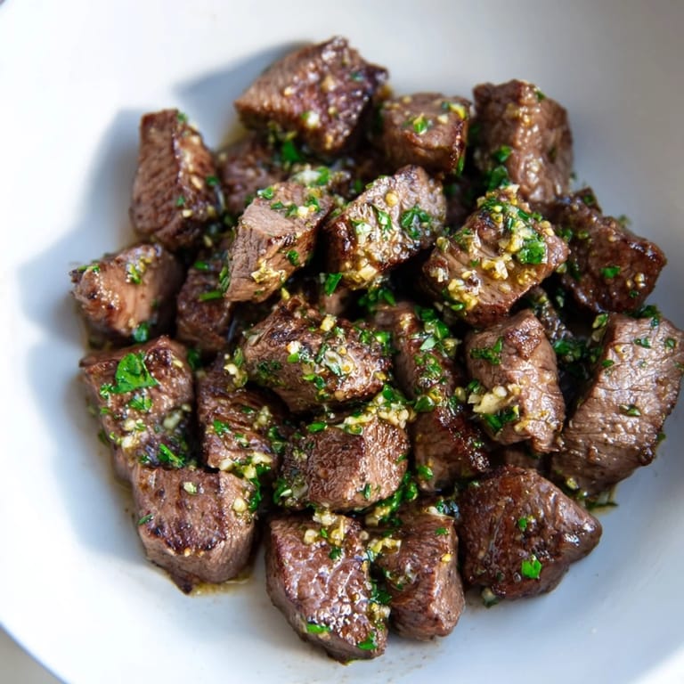 Appetizing closeup of sizzling garlic butter steak bites, topped with fresh parsley and red pepper.