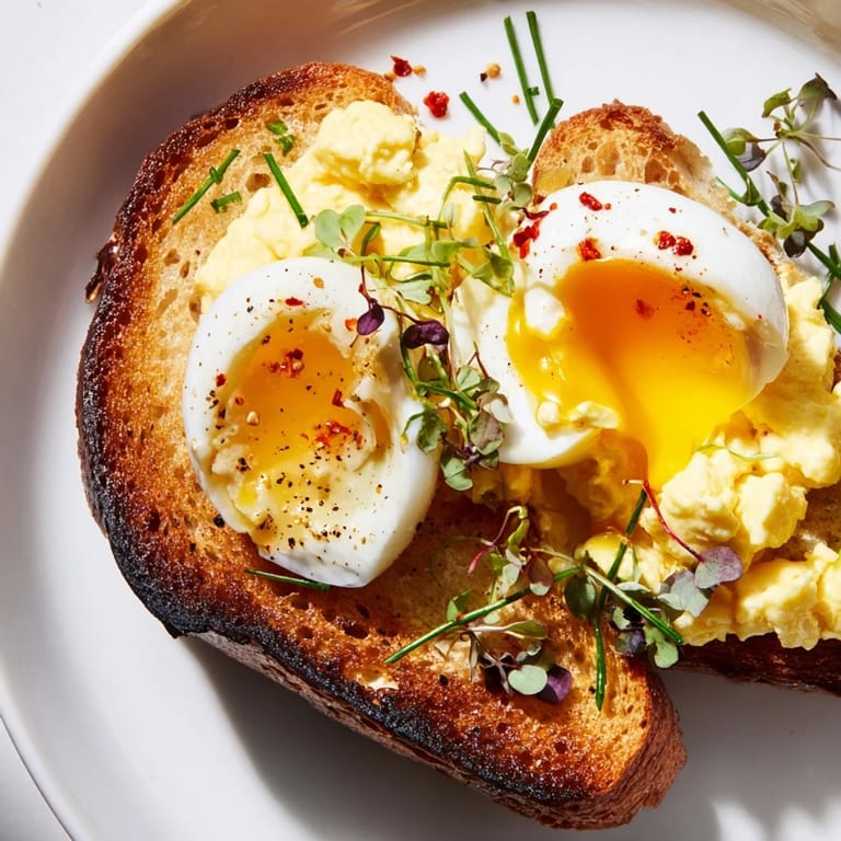 Imagine the flavors! Creamy scrambled, soft-boiled, and fried eggs atop the delicious Egg Flight Toast.