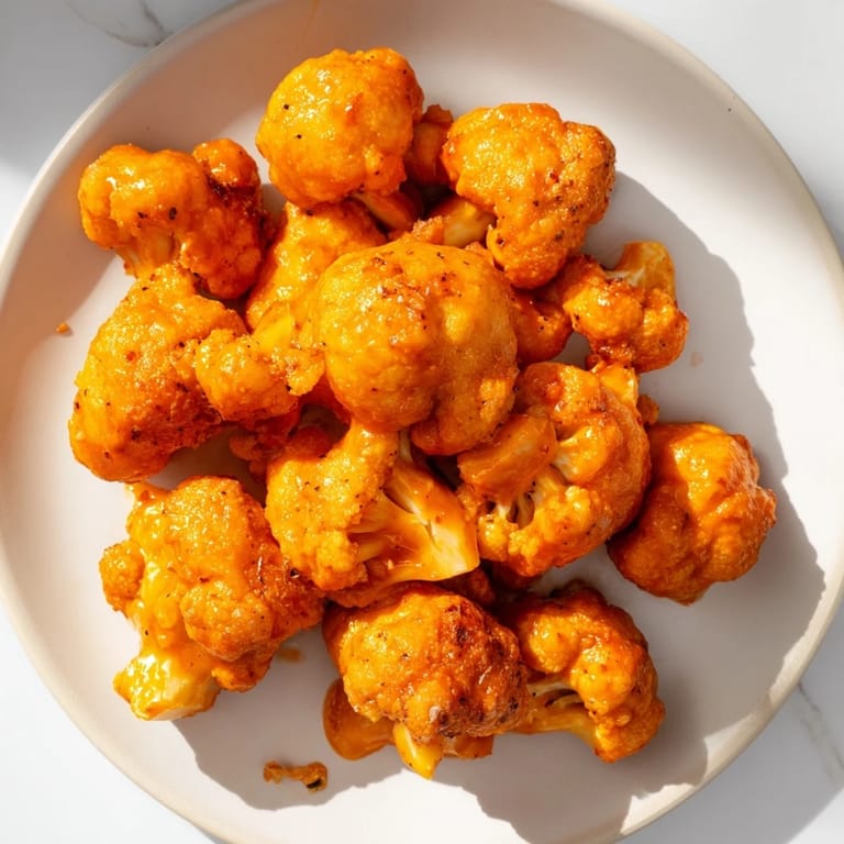 Close-up shot shows flavorful, saucy Buffalo Cauliflower Bites, perfect for game day or a quick snack.