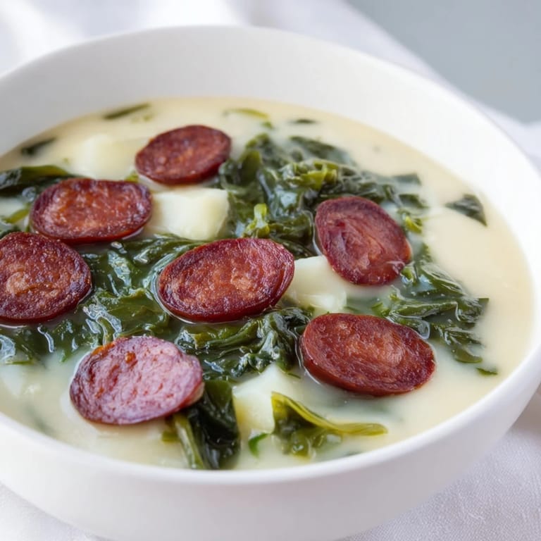 Close-up of a rustic bowl of Portuguese Caldo Verde, perfect for a cozy, gluten-free dinner.