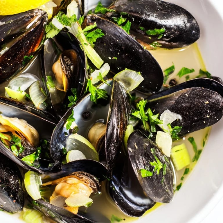 A steaming bowl of Belgian Moules Marinière, showing tender mussels ready to be enjoyed with bread.