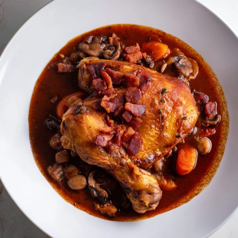 Savory Coq au Vin—a visual feast brimming with bacon, mushrooms, and perfectly cooked chicken.