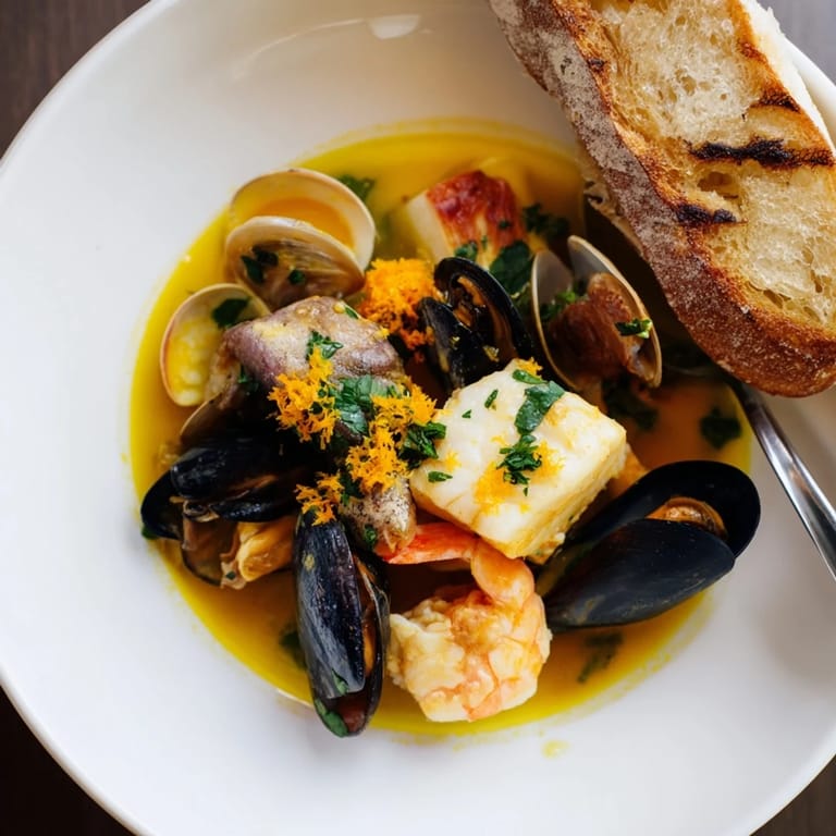 Rich, aromatic bouillabaisse presented with crusty bread and a dollop of flavorful rouille.