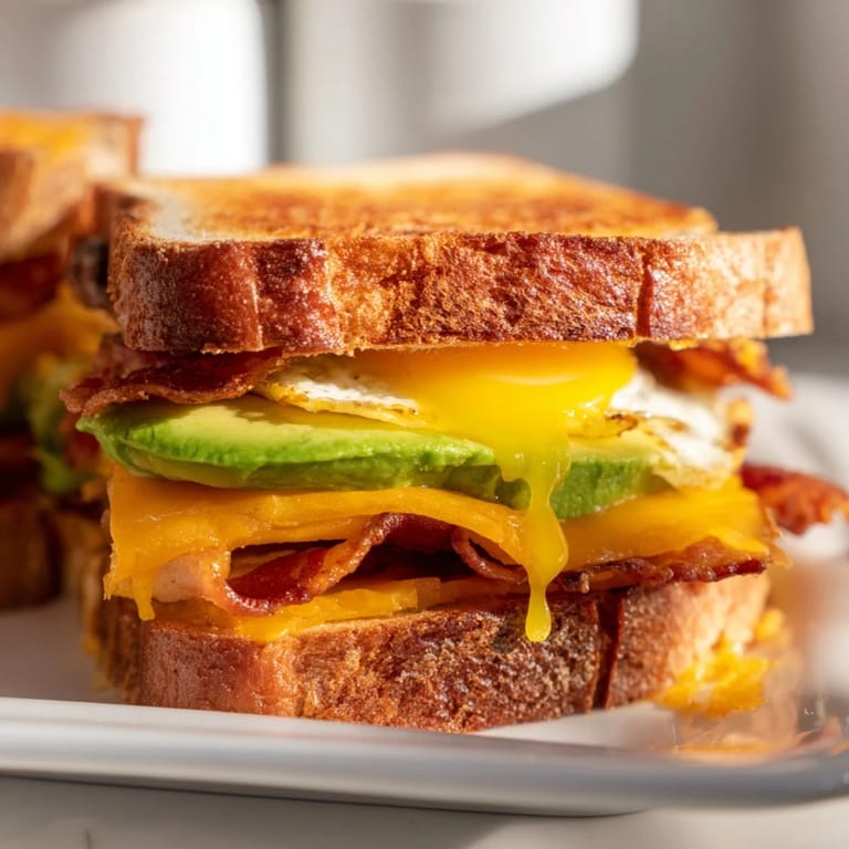 A delicious loaded breakfast sandwich layered with avocado, tomato, and a sunny-side-up egg, ready for a satisfying breakfast.