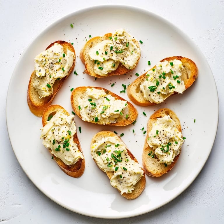 Warm vodka butter crostini arranged on a marble board, garnished with chives and lemon zest.