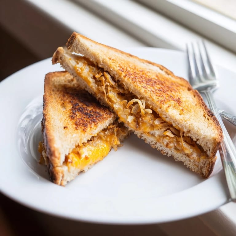 Perfectly toasted sourdough slices frame the Crispy Onion Grilled Cheese, served hot alongside a creamy bowl of tomato soup.