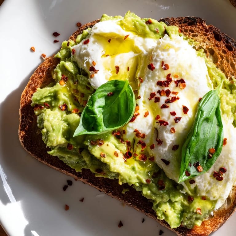 Fresh basil and a drizzle of olive oil garnish this warm Avocado Mozzarella Tartine served on a white plate.