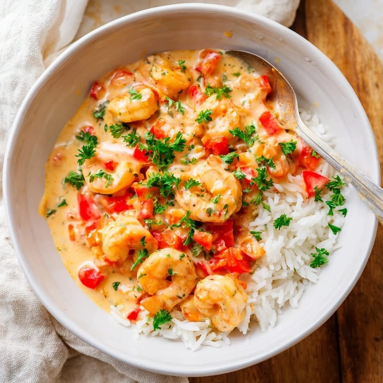 Steamy Creamy Cajun Shrimp Rice Bowl plated with lemon wedge and parsley, ready to enjoy.